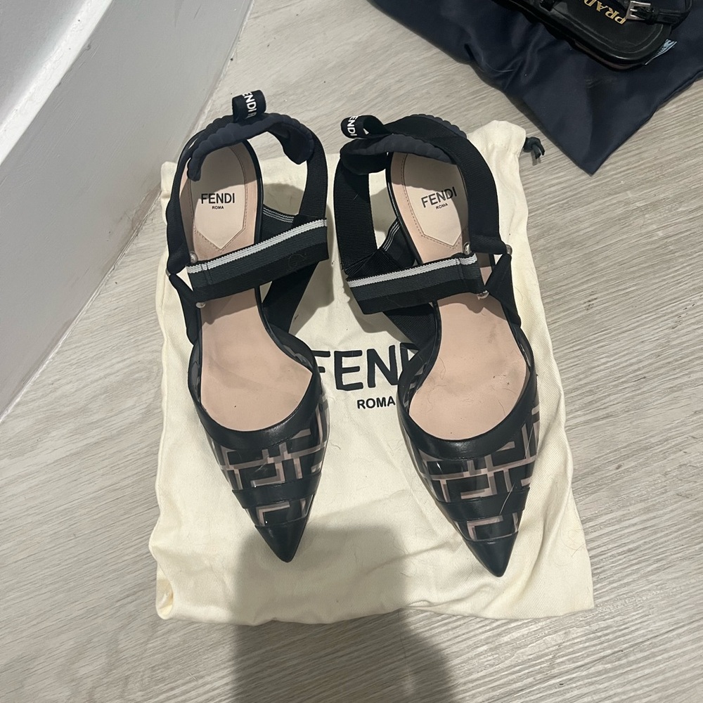Fendi Black Pointed Mesh Slingback Flats